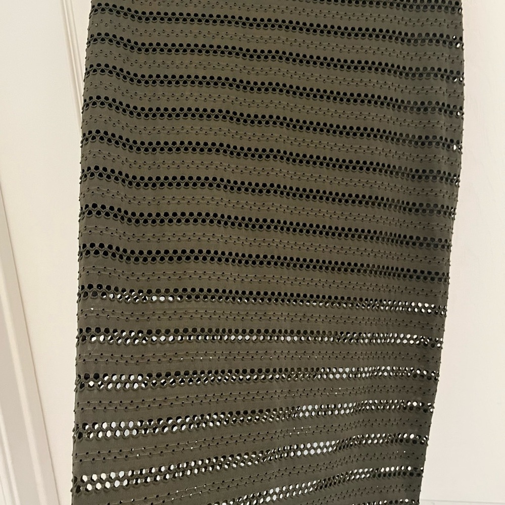 Bebe Olive Green Midi Pencil Skirt with Allover Laser Cut Design